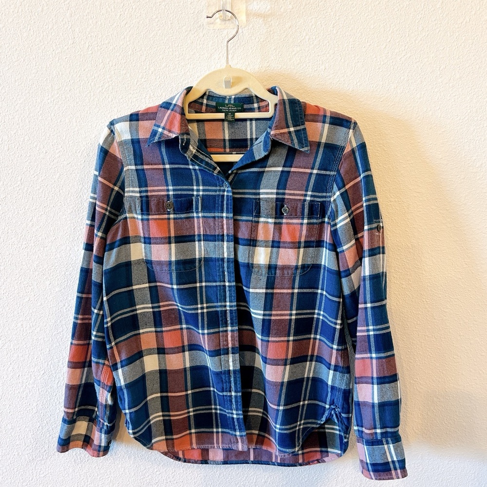 LAUREN JEANS CO (LRL), Long-Sleeve, Blue/Red Plaid, Cotton Flannel Shirt, MED